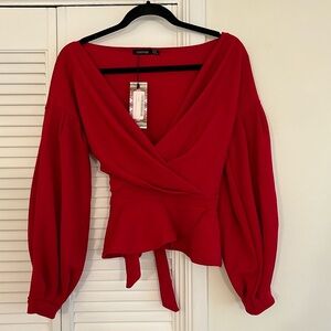 Boohoo red wrap around blouse, size 8, NWT